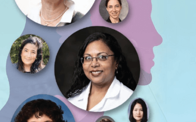 Profile of a woman with images of women in science